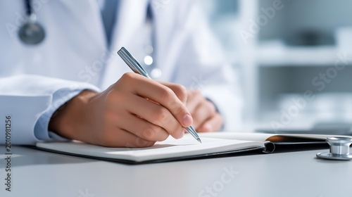 A medical professional writes notes in a patient file, showcasing attention to detail and care in a clinical setting for healthcare documentation.