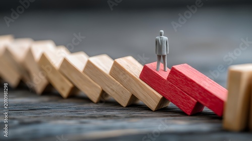 A miniature figure representing a businessman navigating the challenges of a domino effect, symbolizing strategy and resilience in corporate decisions.