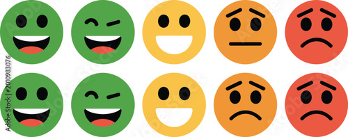 Ten Emoticon Faces Showing Range of Emotions on Light Background