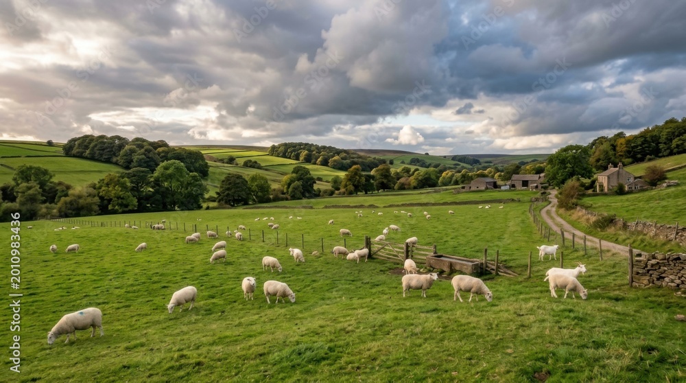 Fototapeta premium Peaceful Green Meadow Pasture with Sheep Grazing Near Historic Stone Castle Ruins