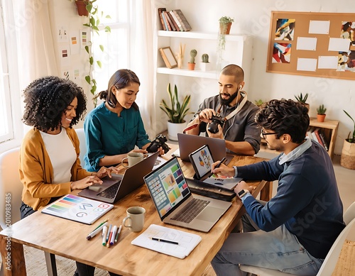 Diverse team collaborating on a creative project at a modern office space, focusing on digital design and content creation