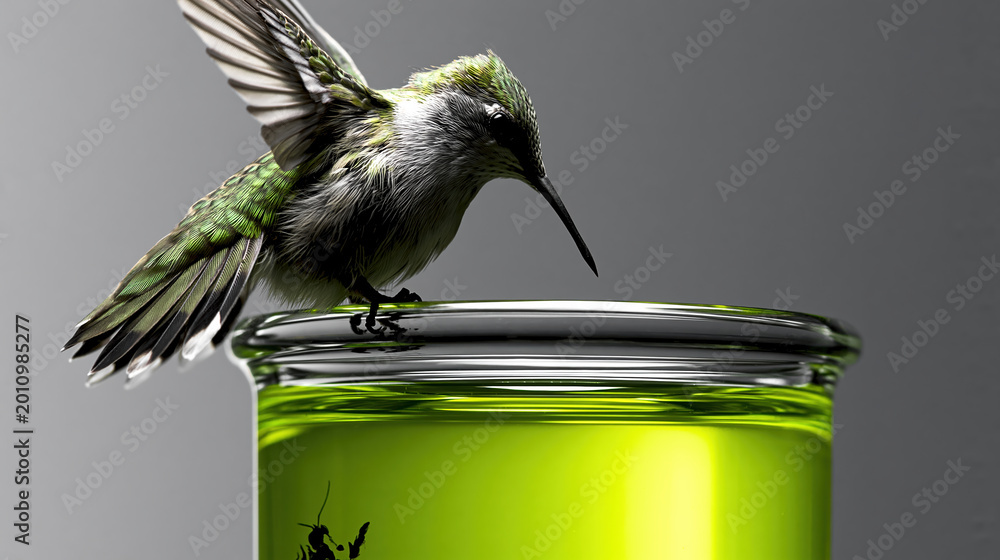 Fototapeta premium Curious tiny hummingbird hovering above glass beaker filled with bright green liquid, showing fascinated nature exploring science