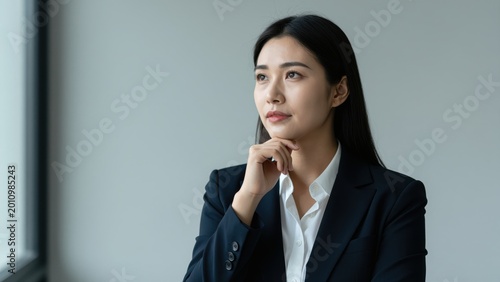 A Moment of Contemplation: An elegant woman, poised in a professional setting, gazes thoughtfully, her expression a mix of focus and introspection.