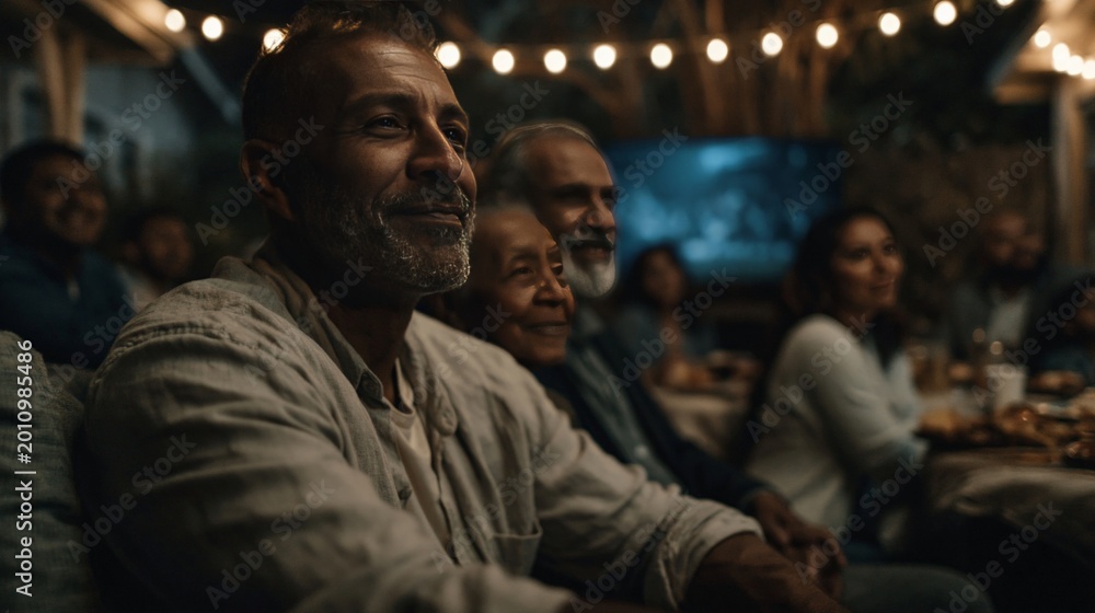 Obraz premium Group of diverse people watching outdoor movie night under string lights. Community gathering, entertainment, and social connection concept.