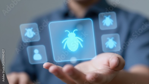 Digital Bugs' Detection: A person's hand delicately cradles holographic interface, spotlighting computer bug icon, illustrating modern technology's intricate detection capabilities