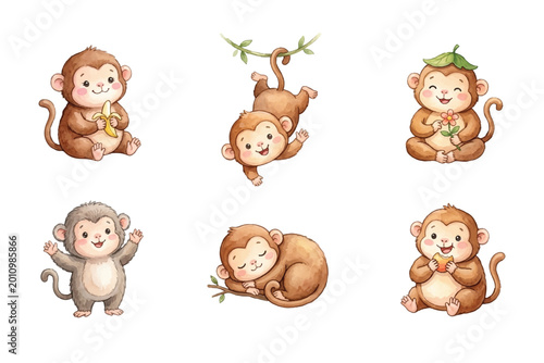 Photography watercolor cute monkeys bundle collections