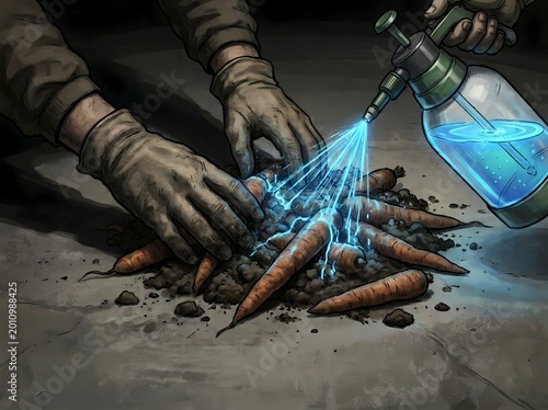 Hands in gloves spraying blue chemicals on carrots mixed with soil, illustrating food safety fraud and contamination risks.