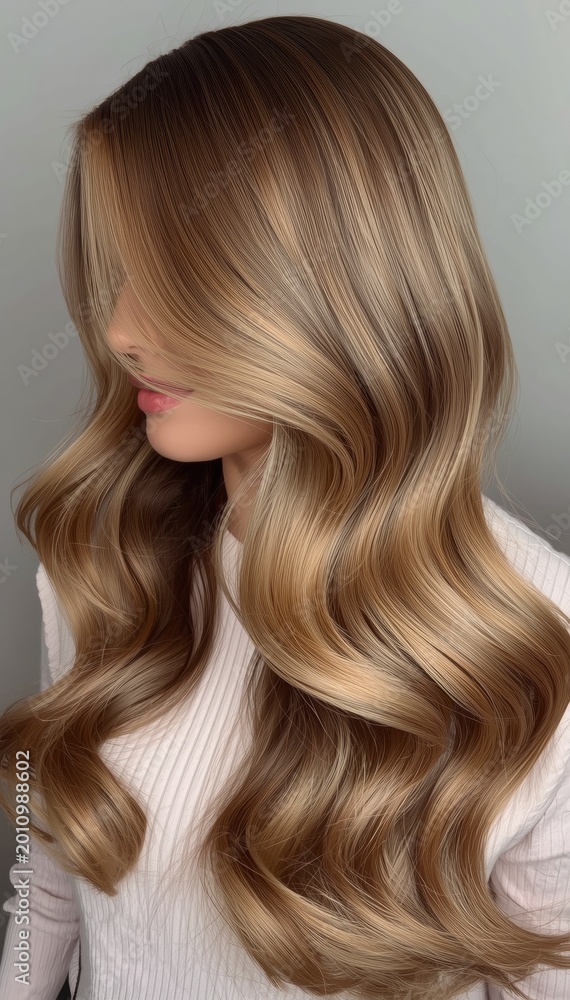 Naklejka premium Smooth, voluminous waves of shiny, light brown hair cascade over a woman's shoulder, styled flawlessly for a sleek, elegant look.