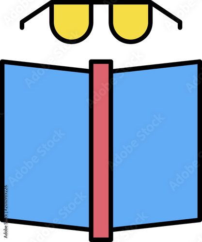 Clean vector illustration of an open textbook with spectacles, perfect for educational themes, literacy campaigns, and study concepts