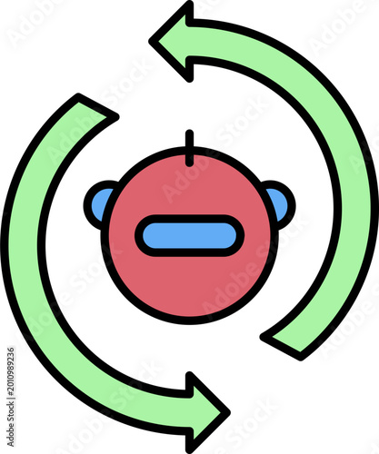 Digital illustration of an AI robot head surrounded by circular refresh arrows, symbolizing continuous updates, automation, and technological evolution in smart systems