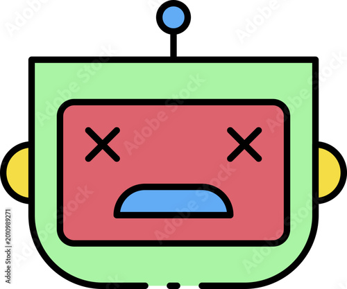 A light green robot with a red face showing a dead or exhausted expression, featuring blue eyes and a light blue mouth, with yellow circular ears and a small blue antenna on top