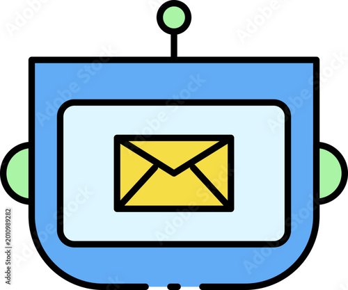 Blue robot with a yellow envelope icon on its screen, symbolizing email communication and automated messaging technology