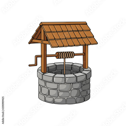 Traditional Stone Wishing Well – Cartoon Vector Illustration