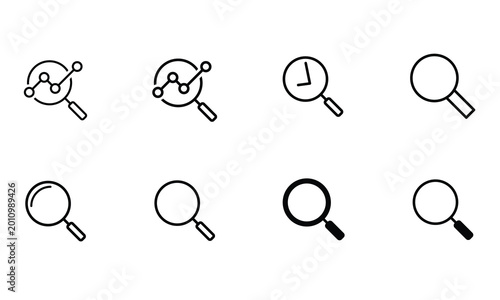 Zoom and Search Icon Set. Vector collection of minimal line and solid zoom, analytics, and find symbols.
