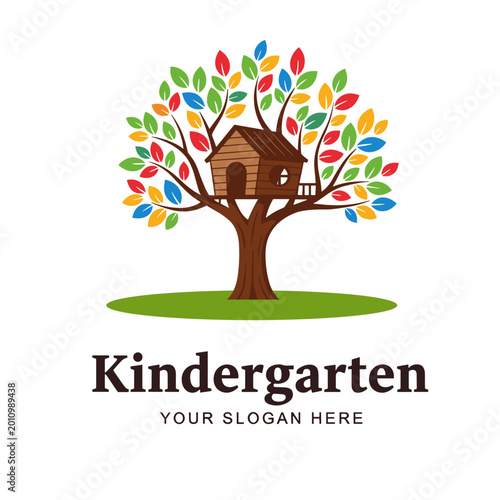 Playful Kindergarten Treehouse Logo with Colorful Leaves