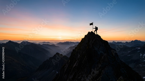 Silhouette of a hiker standing on a mountain peak with a flag at sunset, representing success and achievement