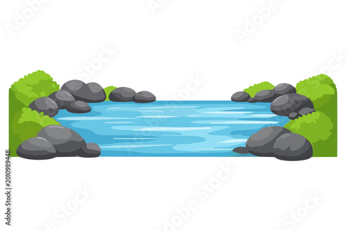 Vector Cartoon Pond with Rocks and Bushes Isolated