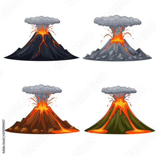 Cartoon Active Volcanoes Set - Four Erupting Mountains vector illustration