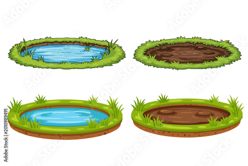 Cartoon Game Assets: Clear Ponds and Mud Puddles Set