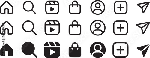 Assorted social media icons: house search reel shopping bag user plus paper plane with app icons magnifying glass video reel play button graphic design flat design icon set social networking