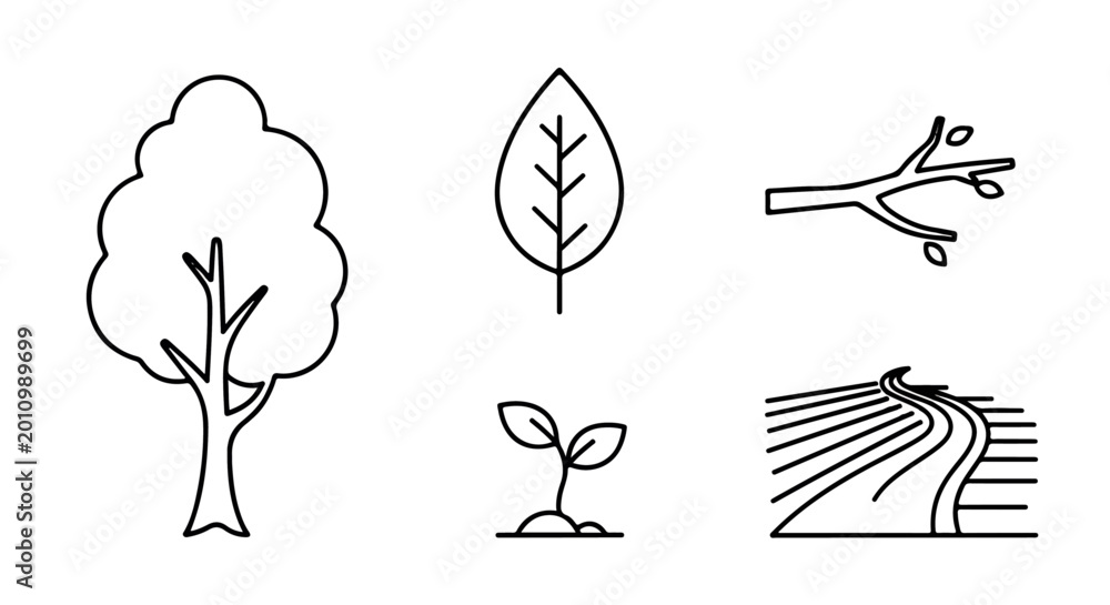 Obraz premium Set of nature-related line art icons depicting a tree, a leaf, a sprout, a branch, and a landscape of fields