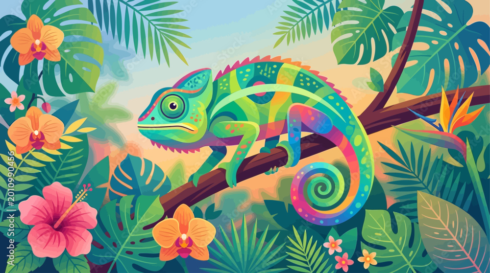 Obraz premium Vibrant chameleon in tropical jungle foliage.
