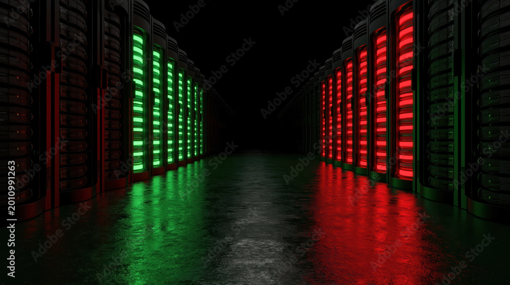 Fototapeta premium Secure indoor server room with computer rack emitting bright green light and red light in dark technology data center with dramatic feeling