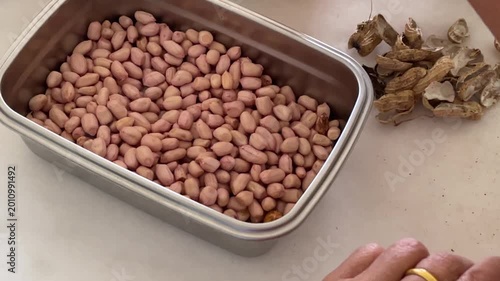 A detailed close-up shows a person's hands skillfully peeling dry peanut shells and collecting the raw seeds in a stainless steel tray for food preparation.