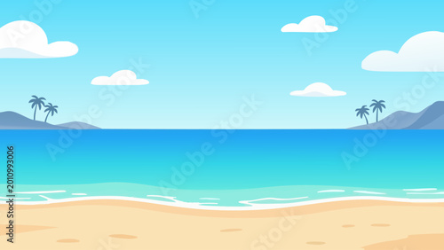 Tropical beach landscape with calm ocean and palm islands
