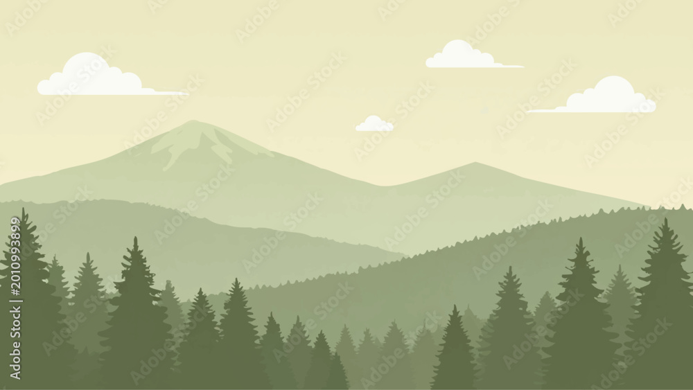 Fototapeta premium Soft green mountain forest landscape with misty hills vector