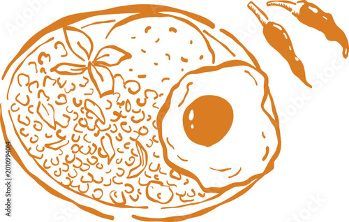 Hand Drawn Pad Kra Pao Illustration - Thai Basil Stir Fry with Fried Egg and Rice Vector Line Art