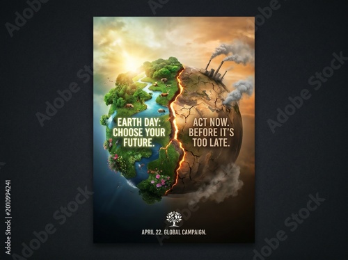Dramatic split Earth showing one side lush green and one side dry polluted wasteland, representing climate change, environmental destruction, and urgent sustainability action.
