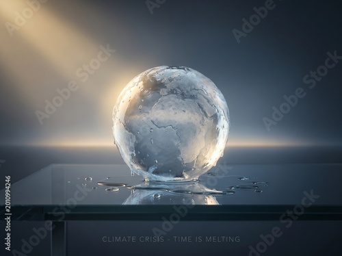 Translucent Earth globe melting like ice with water droplets on reflective surface, representing climate crisis, global warming, environmental urgency, and Earth Day awareness.