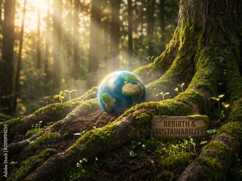 Miniature glowing Earth rising from massive tree roots with moss and sunlight, symbolizing environmental rebirth, sustainability, regeneration, and natural balance.