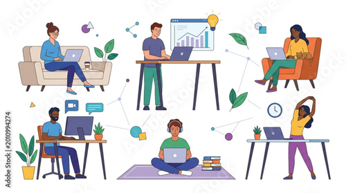Diverse group of people working remotely on laptops and computers.