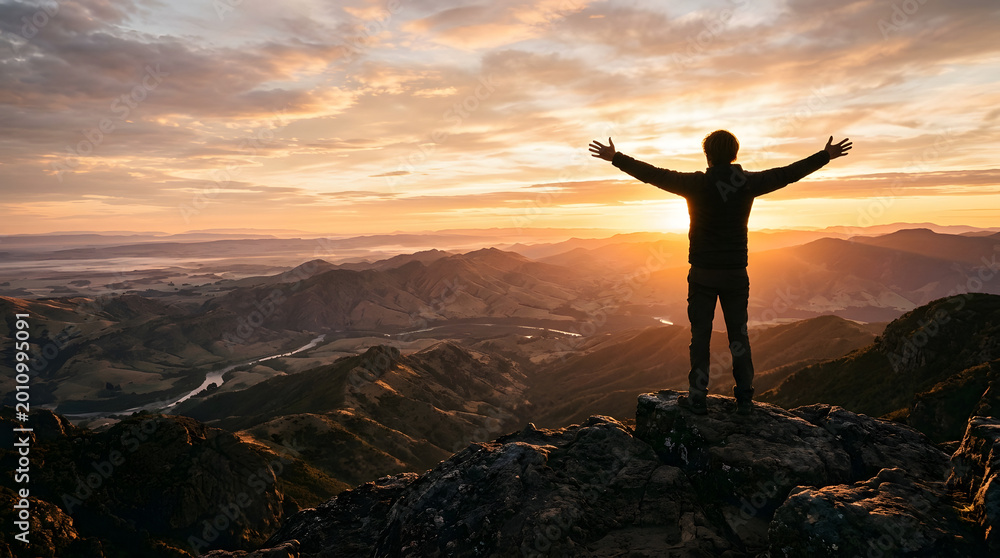 Fototapeta premium Man with arms outstretched on a mountain at sunrise