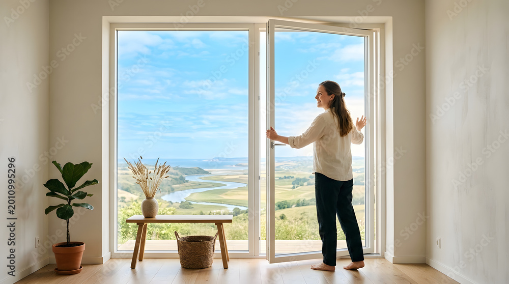 Fototapeta premium Woman opening a large window to a scenic view