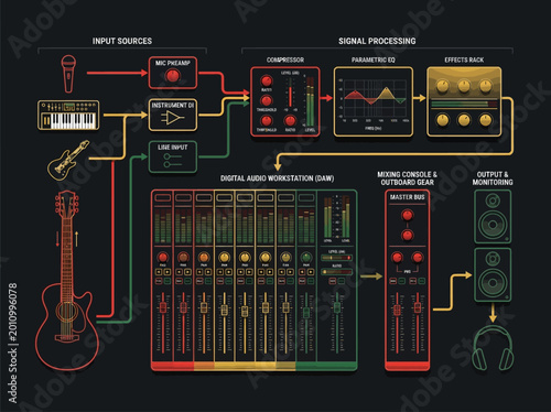 Canvastavla Music Production Audio Signal Flow Infographic, Professional Recording Studio Wo