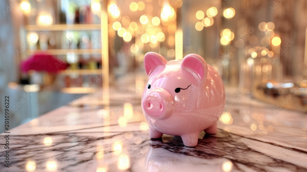 Obraz premium Cute pink piggy bank on a marble table with beautiful bokeh lights in the background creating a cheerful savings theme