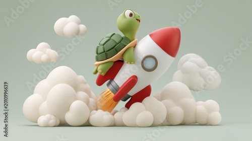 Playful turtle astronaut launching into space from a cartoon rocket with fluffy clouds in a whimsical setting