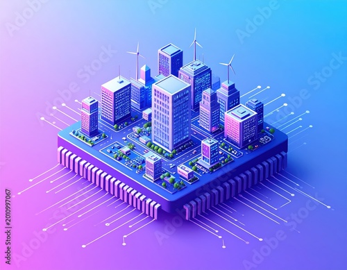 Futuristic Smart City Microchip Concept Showing Digital Cityscape, Technology Network and Connected Infrastructure