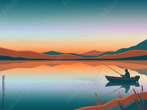 Minimalist Vector Illustration of a Fisherman in a Boat on a Calm Lake at Sunset with Mountain Reflection