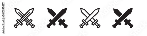 Photos Crossed swords icon set with outline and solid hand-drawn styles