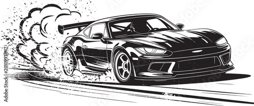 Black sports car speeding with smoke from tires on road track