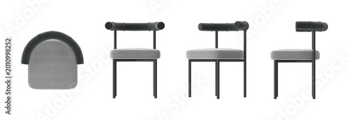 Foto Modern accent chair with plush grey upholstery and a distinctive curved dark gre