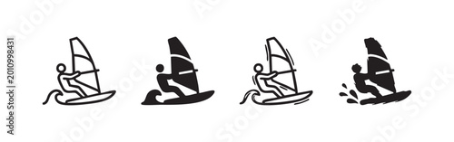 Photography Windsurfing Water Sport Icons with Person Sailing on Ocean Waves