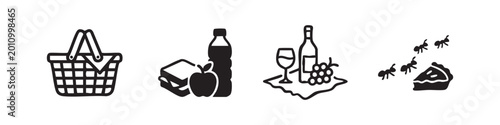 Foto Outdoor Picnic Icons Set with Food Basket Wine and Ants