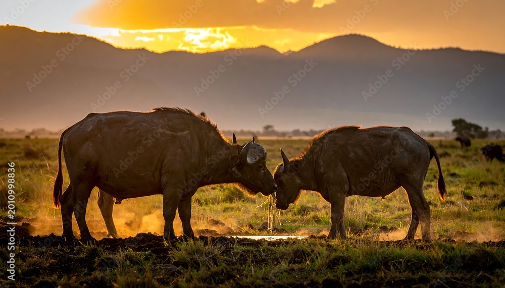 Obraz premium African buffaloes face off at sunset
