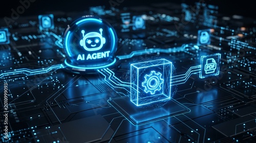 Artificial Intelligence Agent orchestrating smart systems within a futuristic digital network, representing advanced computing and automated processes
