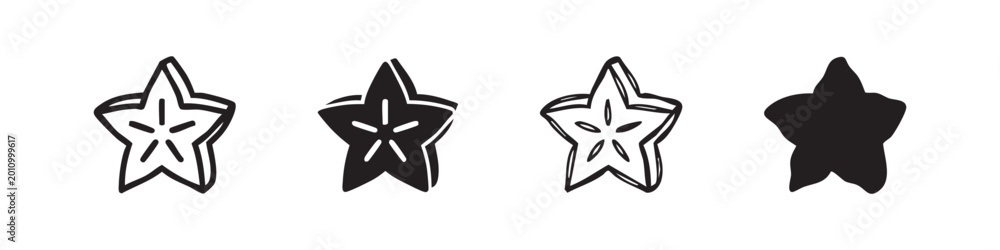 Fototapeta premium Set of black doodle style star fruit icons on white background